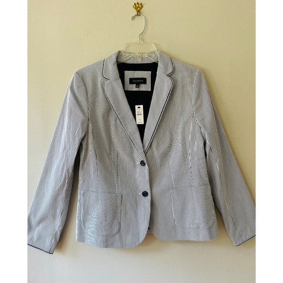 Talbots Sz 10 Navy White Striped Piped Blazer Jacket Patch Pockets Fully Lined - Picture 3 of 11